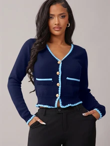 Radiana Women's New Autumn V-Neck Button-Front Cardigan, French Style Versatile,Sweaters For Women - Royal Blue - View 5
