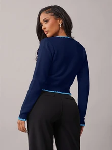 Radiana Women's New Autumn V-Neck Button-Front Cardigan, French Style Versatile,Sweaters For Women - Royal Blue - View 2