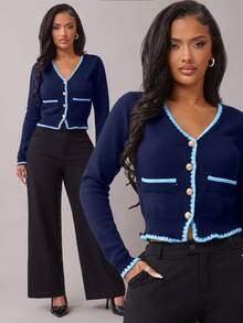 Radiana Women's New Autumn V-Neck Button-Front Cardigan, French Style Versatile,Sweaters For Women - Royal Blue - View 1