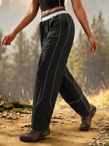 Exploreva Contrast Piping Wide Leg Outdoor Pants - Black - View 2