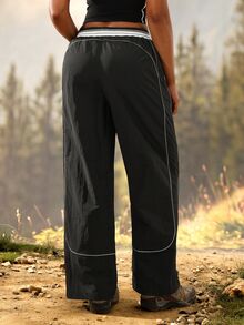 Exploreva Contrast Piping Wide Leg Outdoor Pants - Black - View 3