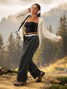 Exploreva Contrast Piping Wide Leg Outdoor Pants - Black - View 7