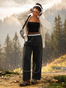 Exploreva Contrast Piping Wide Leg Outdoor Pants - Black - View 6