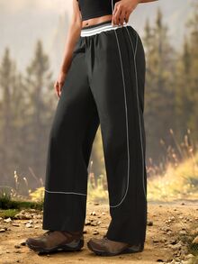 Exploreva Contrast Piping Wide Leg Outdoor Pants - Black - View 4