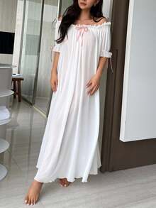DAZY Charming Sheer Mesh Off Shoulder Ruffle Hem Long Women's Sexy Nightgown Pajama - White - View 8
