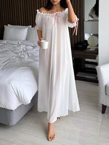 DAZY Charming Sheer Mesh Off Shoulder Ruffle Hem Long Women's Sexy Nightgown Pajama - White - View 6