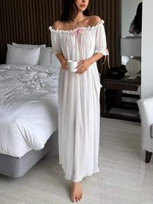 DAZY Charming Sheer Mesh Off Shoulder Ruffle Hem Long Women's Sexy Nightgown Pajama - White - View 1