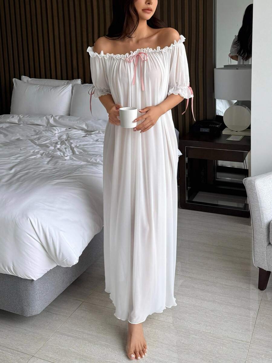 DAZY Charming Sheer Mesh Off Shoulder Ruffle Hem Long Women's Sexy Nightgown Pajama - White - View 1