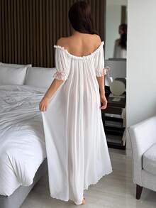 DAZY Charming Sheer Mesh Off Shoulder Ruffle Hem Long Women's Sexy Nightgown Pajama - White - View 2