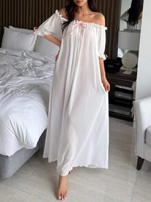 DAZY Charming Sheer Mesh Off Shoulder Ruffle Hem Long Women's Sexy Nightgown Pajama - White - View 7