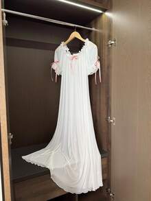 DAZY Charming Sheer Mesh Off Shoulder Ruffle Hem Long Women's Sexy Nightgown Pajama - White - View 9