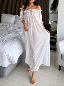 DAZY Charming Sheer Mesh Off Shoulder Ruffle Hem Long Women's Sexy Nightgown Pajama - White - View 5