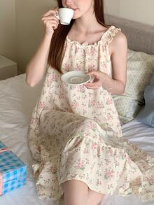 DAZY Ditsy Floral Frill Trim Cami Sleep Dress Pajama, Moo Moo Night Dress - White - View 10
