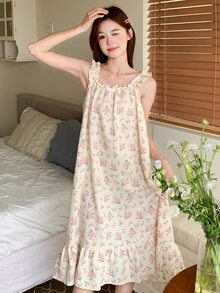 DAZY Ditsy Floral Frill Trim Cami Sleep Dress Pajama, Moo Moo Night Dress - White - View 8