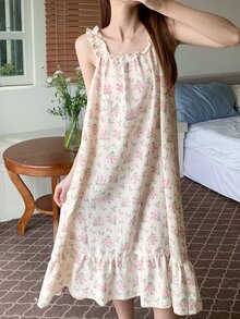 DAZY Ditsy Floral Frill Trim Cami Sleep Dress Pajama, Moo Moo Night Dress - White - View 3