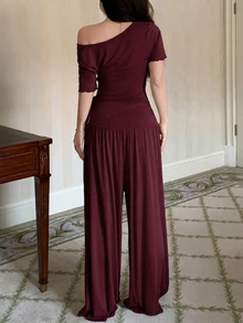 DAZY Charming Solid Color Knit Flared Collar Waist-Cinched Top & Wide Leg Pajama Pants 2-Piece Set Women's Loungewear Summer - Burgundy - View 2