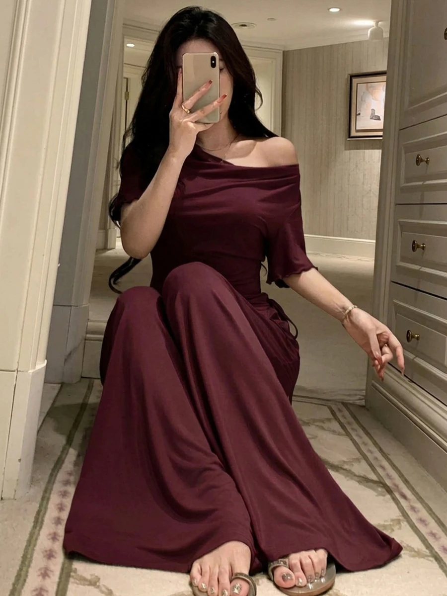 DAZY Charming Solid Color Knit Flared Collar Waist-Cinched Top & Wide Leg Pajama Pants 2-Piece Set Women's Loungewear Summer - Burgundy - View 1