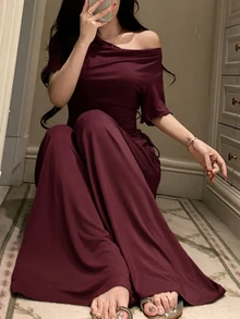 DAZY Charming Solid Color Knit Flared Collar Waist-Cinched Top & Wide Leg Pajama Pants 2-Piece Set Women's Loungewear Summer - Burgundy - View 7