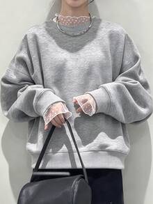 FRIFUL Women's Early Autumn New Korean Style Patchwork Sheer Polka Dot Mesh Light Gray Floral Sweatshirt - Grey - View 1