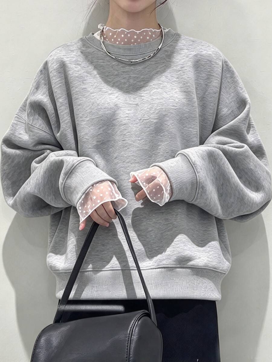 FRIFUL Women's Early Autumn New Korean Style Patchwork Sheer Polka Dot Mesh Light Gray Floral Sweatshirt - Grey - View 1