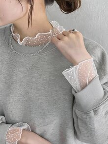 FRIFUL Women's Early Autumn New Korean Style Patchwork Sheer Polka Dot Mesh Light Gray Floral Sweatshirt - Grey - View 8
