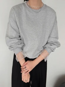 FRIFUL Women's Early Autumn New Korean Style Patchwork Sheer Polka Dot Mesh Light Gray Floral Sweatshirt - Grey - View 5