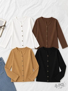 SHEIN Unity 女款秋季 4 件組亨利領長袖保暖內搭上衣 柔軟保暖底層 米色 棕色 黑色 - 彩色 - 查看 1