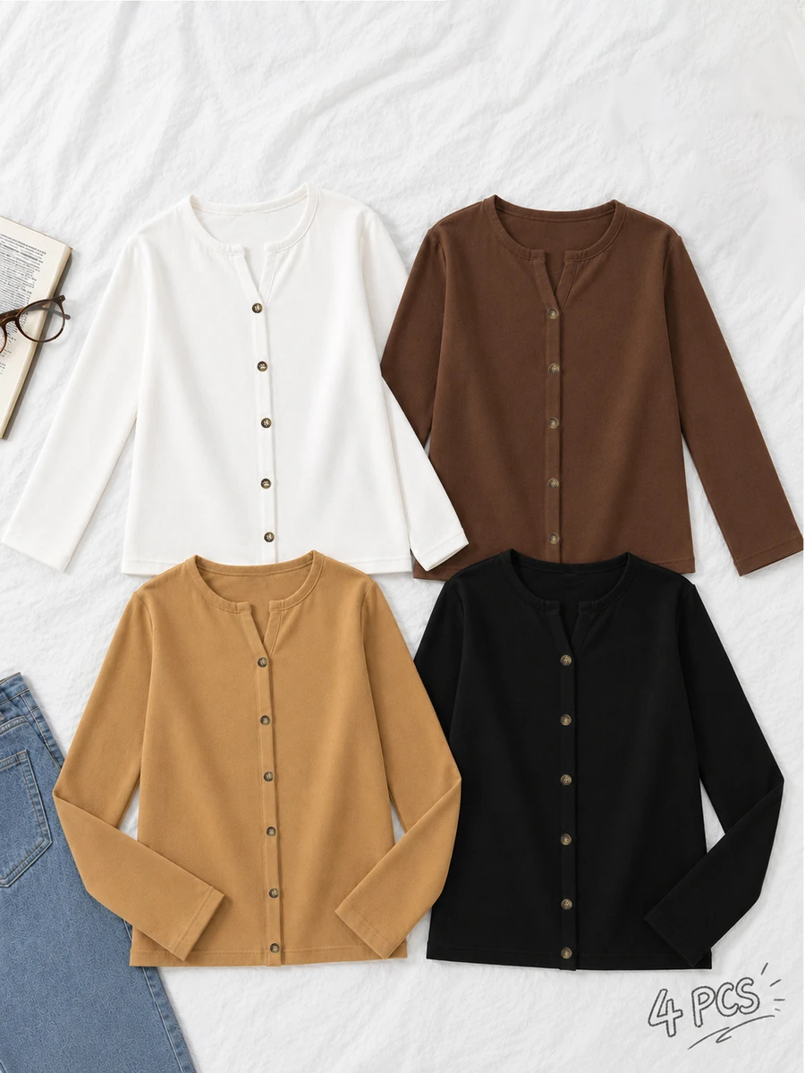 SHEIN Unity 女款秋季 4 件組亨利領長袖保暖內搭上衣 柔軟保暖底層 米色 棕色 黑色 - 彩色 - 查看 1
