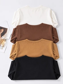 SHEIN Unity 女款秋季 4 件組亨利領長袖保暖內搭上衣 柔軟保暖底層 米色 棕色 黑色 - 彩色 - 查看 2