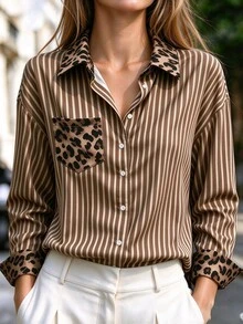 Franclia Women's Striped & Leopard Print Colorblock Casual Shirt For Daily Wear - Coffee Brown - View 3