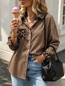 Franclia Women's Striped & Leopard Print Colorblock Casual Shirt For Daily Wear - Coffee Brown - View 6