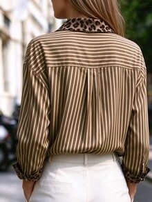 Franclia Women's Striped & Leopard Print Colorblock Casual Shirt For Daily Wear - Coffee Brown - View 4