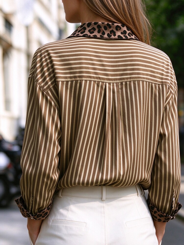 Franclia Women's Striped & Leopard Print Colorblock Casual Shirt For Daily Wear - Coffee Brown - View 4