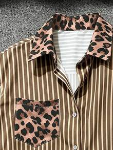 Franclia Women's Striped & Leopard Print Colorblock Casual Shirt For Daily Wear - Coffee Brown - View 5