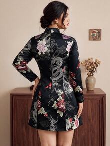EastFlair Plus Size Women's Floral Chinese Dragon Pattern Frog Button Design Elegant Dress Winter - Multicolor - View 6