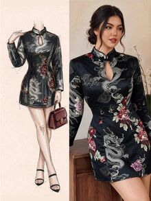 EastFlair Plus Size Women's Floral Chinese Dragon Pattern Frog Button Design Elegant Dress Winter - Multicolor - View 7
