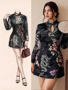 EastFlair Plus Size Women's Floral Chinese Dragon Pattern Frog Button Design Elegant Dress Winter - Multicolor - View 1