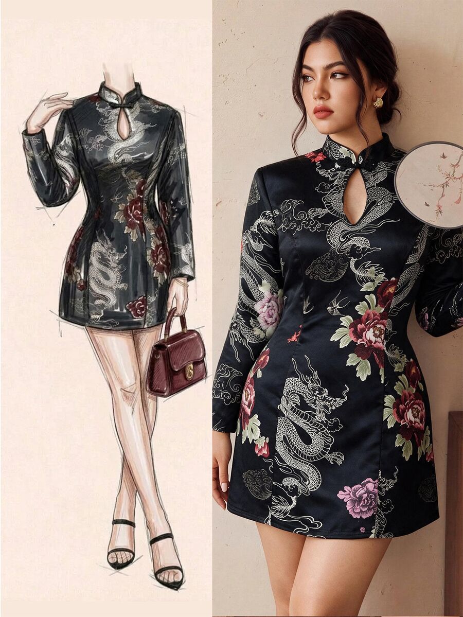 EastFlair Plus Size Women's Floral Chinese Dragon Pattern Frog Button Design Elegant Dress Winter - Multicolor - View 1