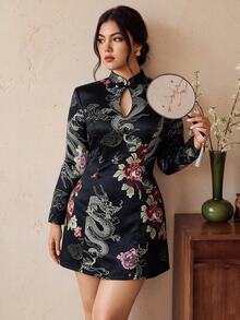 EastFlair Plus Size Women's Floral Chinese Dragon Pattern Frog Button Design Elegant Dress Winter - Multicolor - View 3
