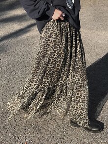 DAZY Women's Leopard Print Ruffle Hem Casual Skirt Petite - Black - View 4