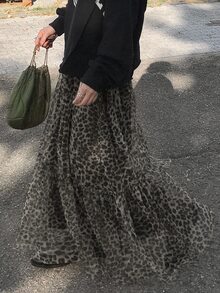 DAZY Women's Leopard Print Ruffle Hem Casual Skirt Petite - Black - View 6
