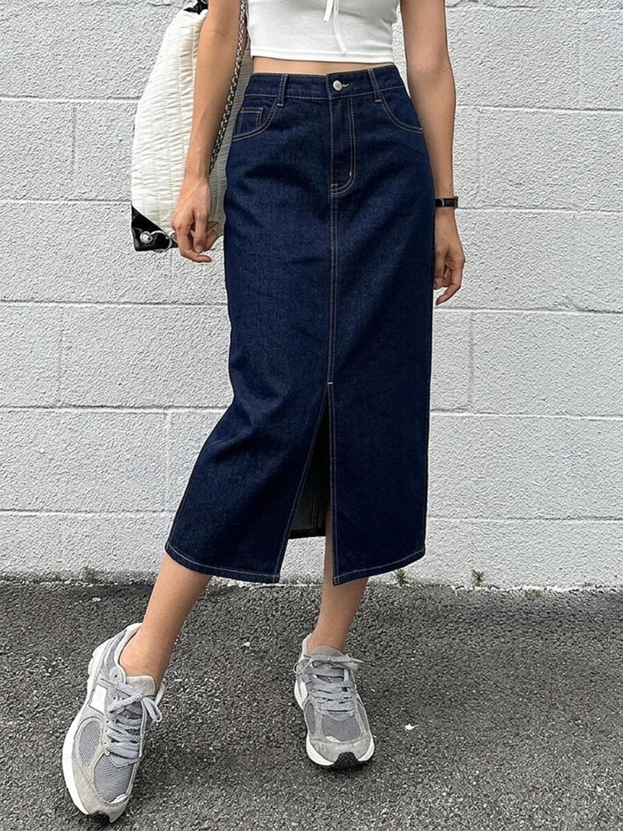 DAZY Casual Versatile Front Split Denim Skirt - Dark Wash - View 1