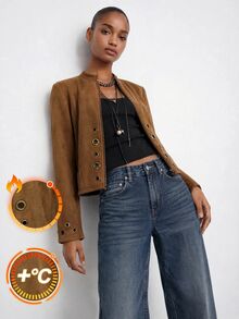 Maija Solid Grommet Eyelet Zip Up Crop Jacket Everyday Shades Of Brown Autumn Casual Street - Brown - View 3