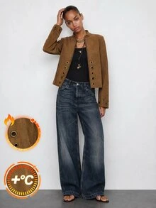 Maija Solid Grommet Eyelet Zip Up Crop Jacket Everyday Shades Of Brown Autumn Casual Street - Brown - View 4
