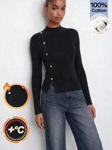 Maija Mock Neck Button Detail Split Hem Knit Sweater Top Office Black And Gold Autumn Casual Elegant Basic - Black - View 3