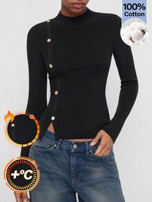 Maija Mock Neck Button Detail Split Hem Knit Sweater Top Office Black And Gold Autumn Casual Elegant Basic - Black - View 1