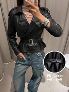 Maija Women's PU Material Button Long Sleeve Lapel Jacket, Going Out Night Outfits, Work, Fall Halloween Black Streetwear Kidcore Casual Sexy - Black - View 2