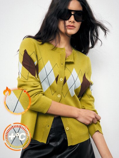 Maija Mustard Yellow And Plaid Knit Cardigan For Women, Autumn Urban Casual Retro Vintage Preppy Office