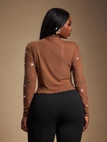 Radiana Plus Size Women's Chocolate Brown Mesh See Through Top,Handmade Rhinestone Decoration Sheer Bling Tights Top,Autumn Classy Night Out Club Party Wear - Brown - View 8
