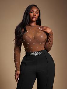 Radiana Plus Size Women's Chocolate Brown Mesh See Through Top,Handmade Rhinestone Decoration Sheer Bling Tights Top,Autumn Classy Night Out Club Party Wear - Brown - View 2